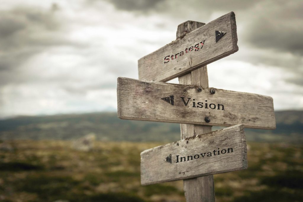 Panneau indicateur en bois aux directions Strategy, Vision et Innovation